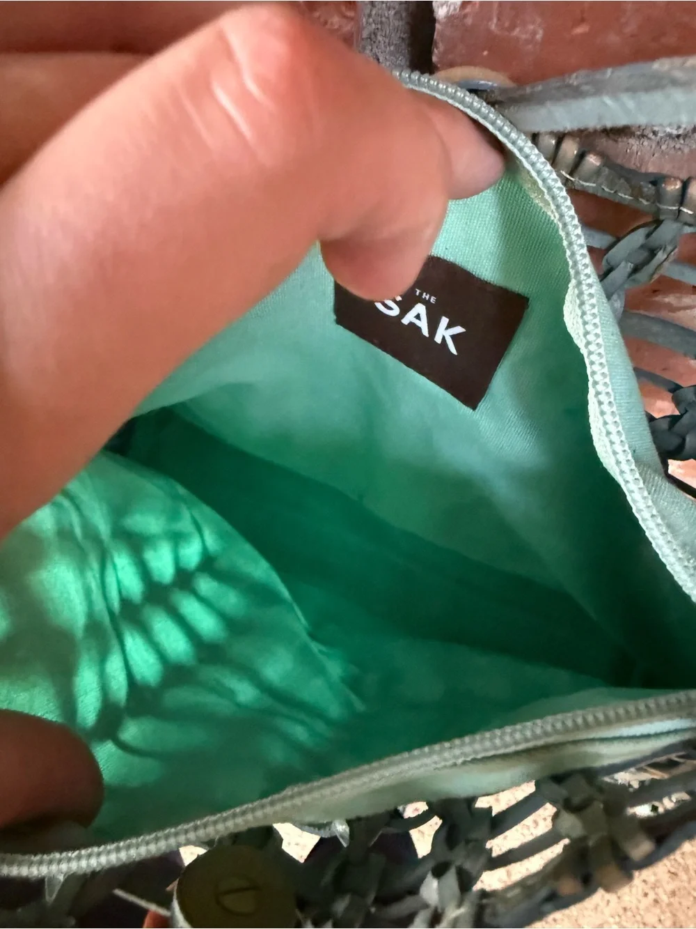 The Sak Woven Leather-Trim Shoulder Bag in Aqua and Cream